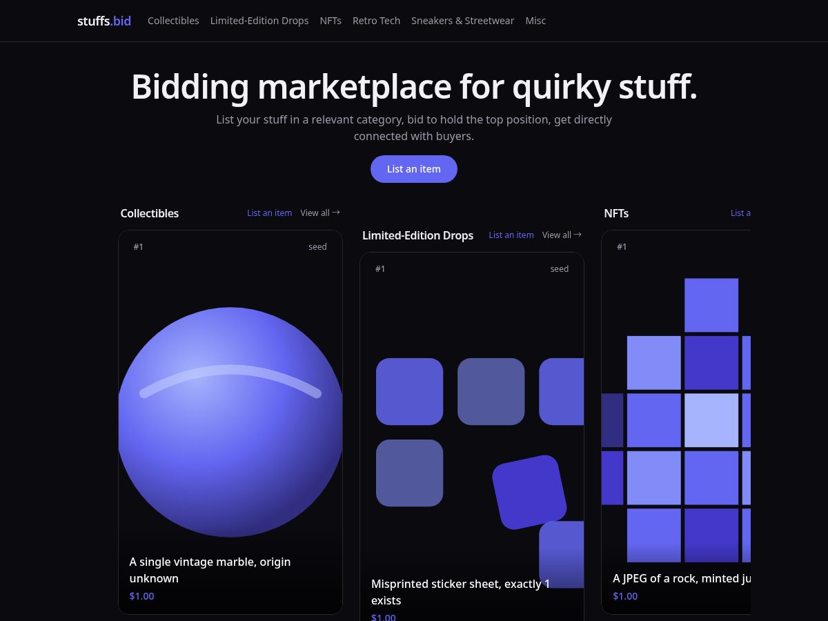 Landing-page snapshot of stuffs.bid