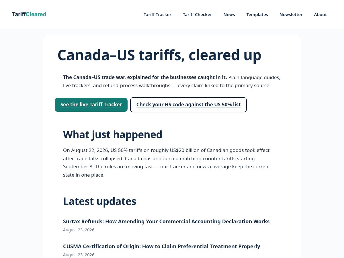 Landing-page snapshot of tariffcleared.com
