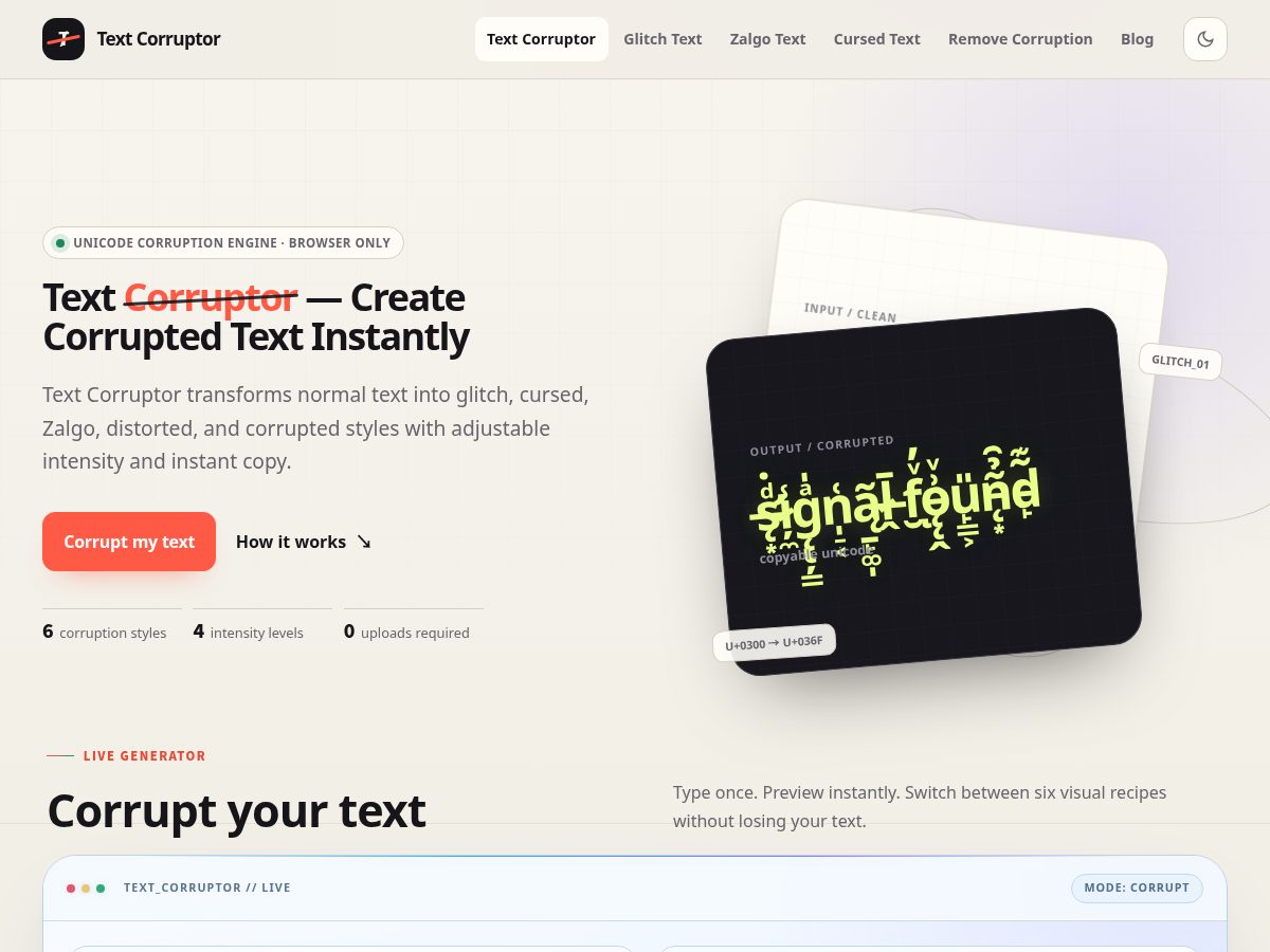 Landing-page snapshot of textcorruptor.com