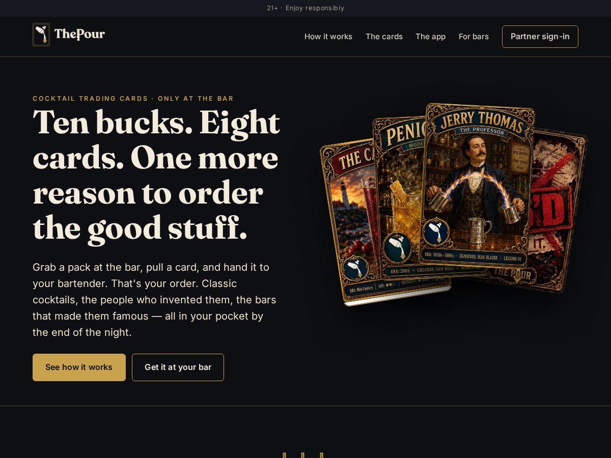 Landing-page snapshot of thepour.cards