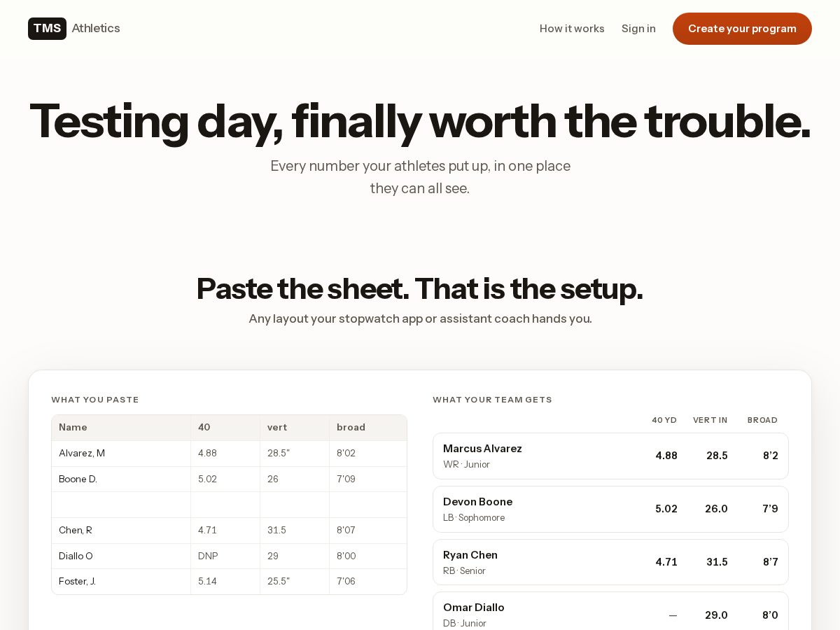 Landing-page snapshot of tms-athletics.app