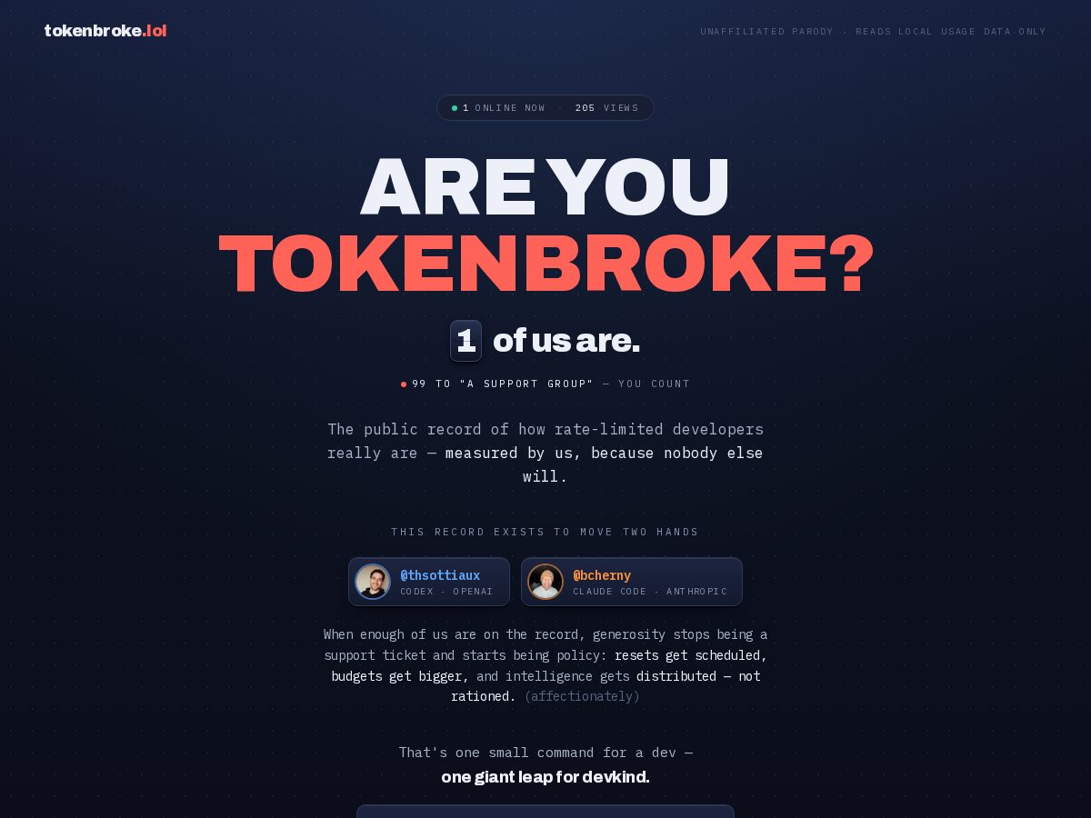 Landing-page snapshot of tokenbroke.lol