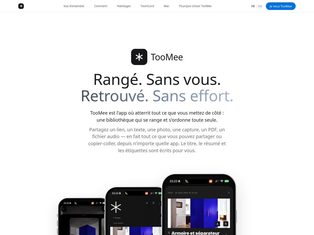 Landing-page snapshot of toomee.app