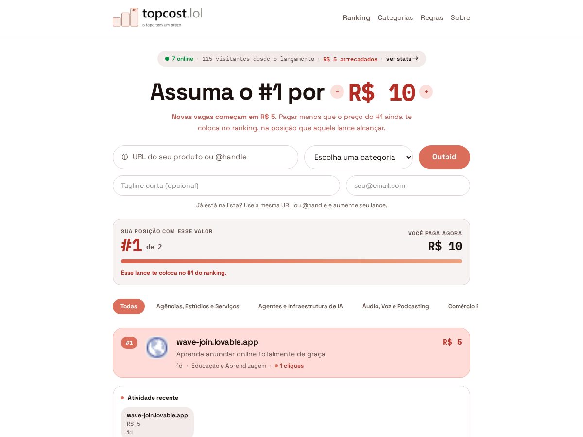 Landing-page snapshot of topcost.lol