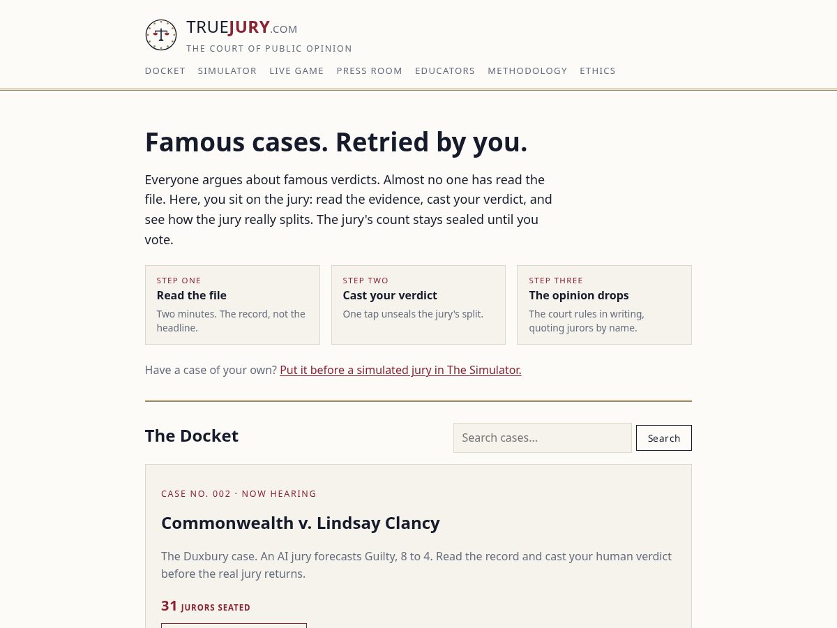 Landing-page snapshot of truejury.com