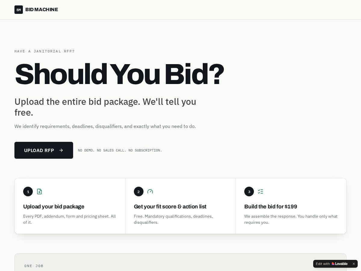 Landing-page snapshot of trybidmachine.com