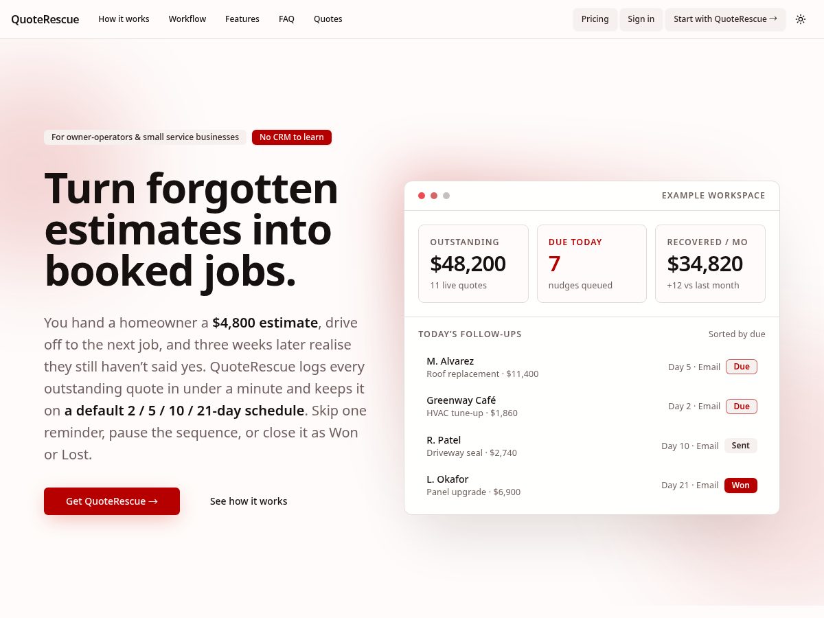 Landing-page snapshot of tryquoterescue.com