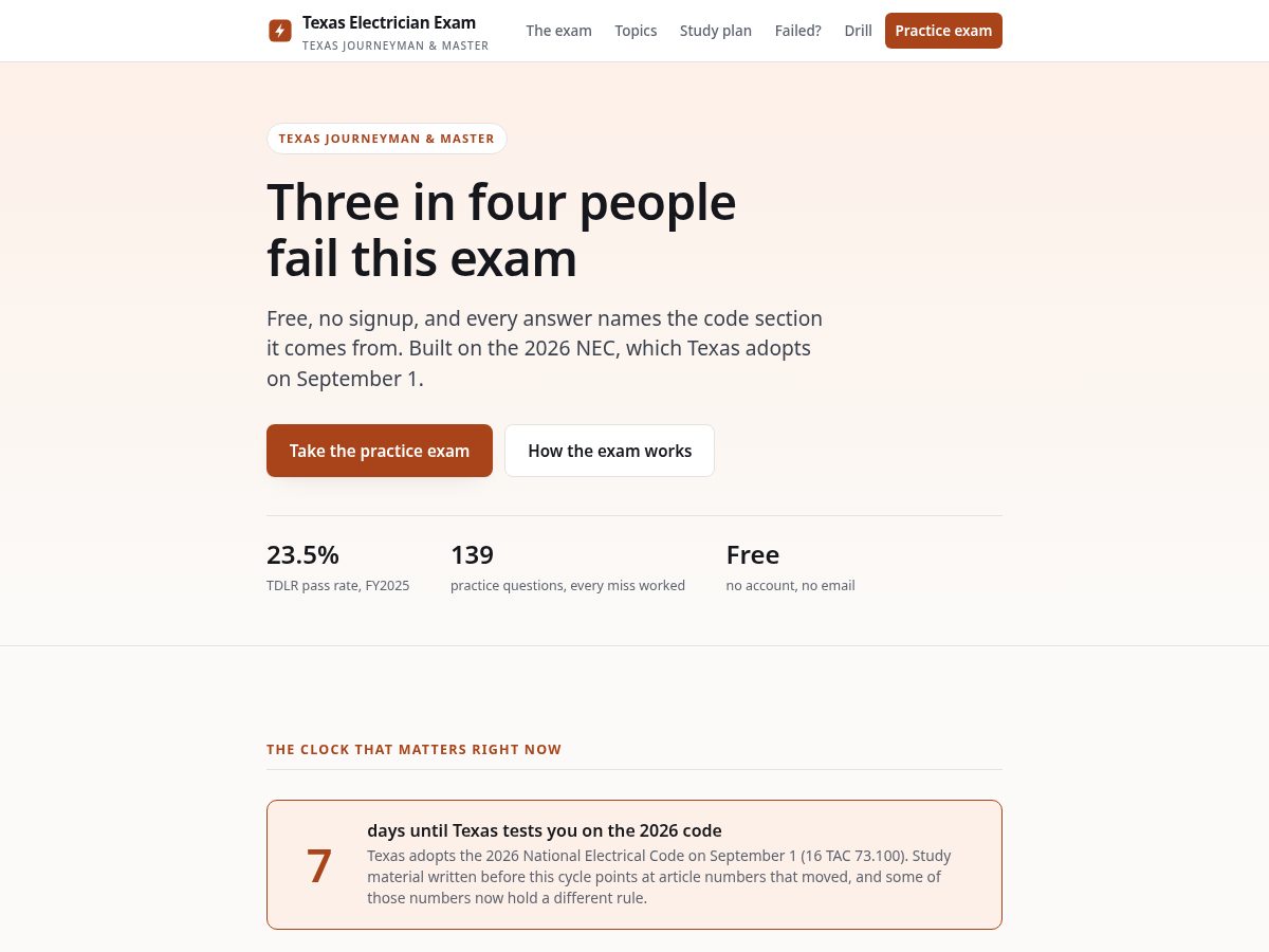 Landing-page snapshot of txelectricianexam.com