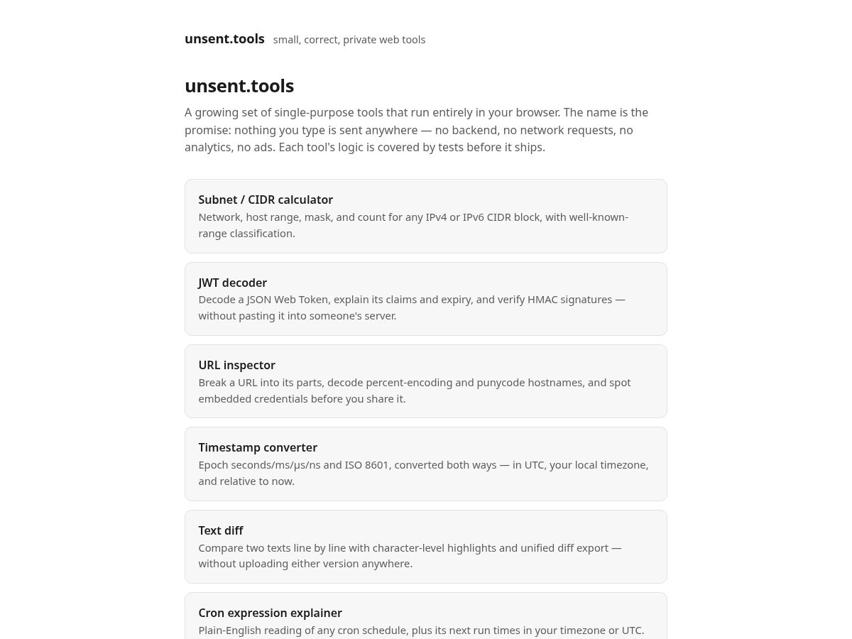 Landing-page snapshot of unsent.tools