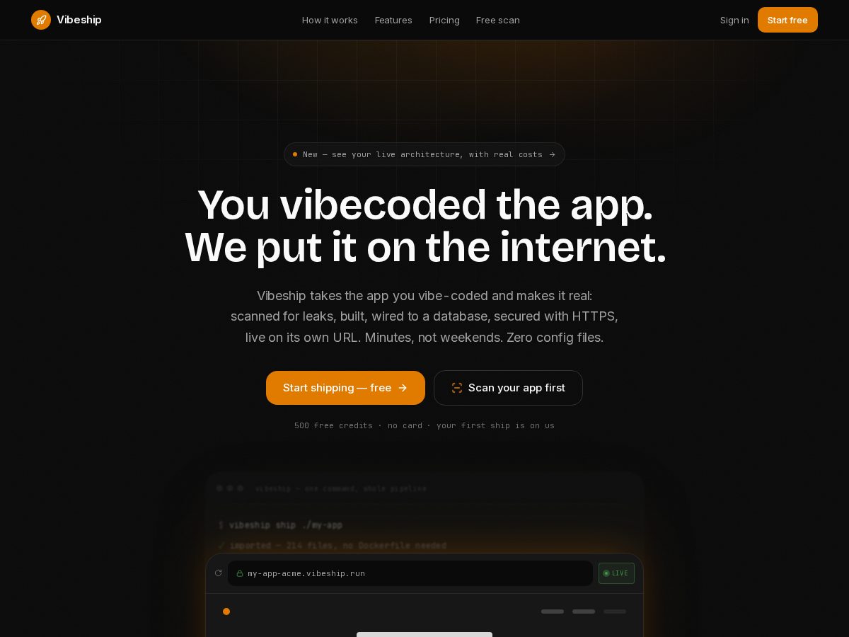 Landing-page snapshot of vibeship.run
