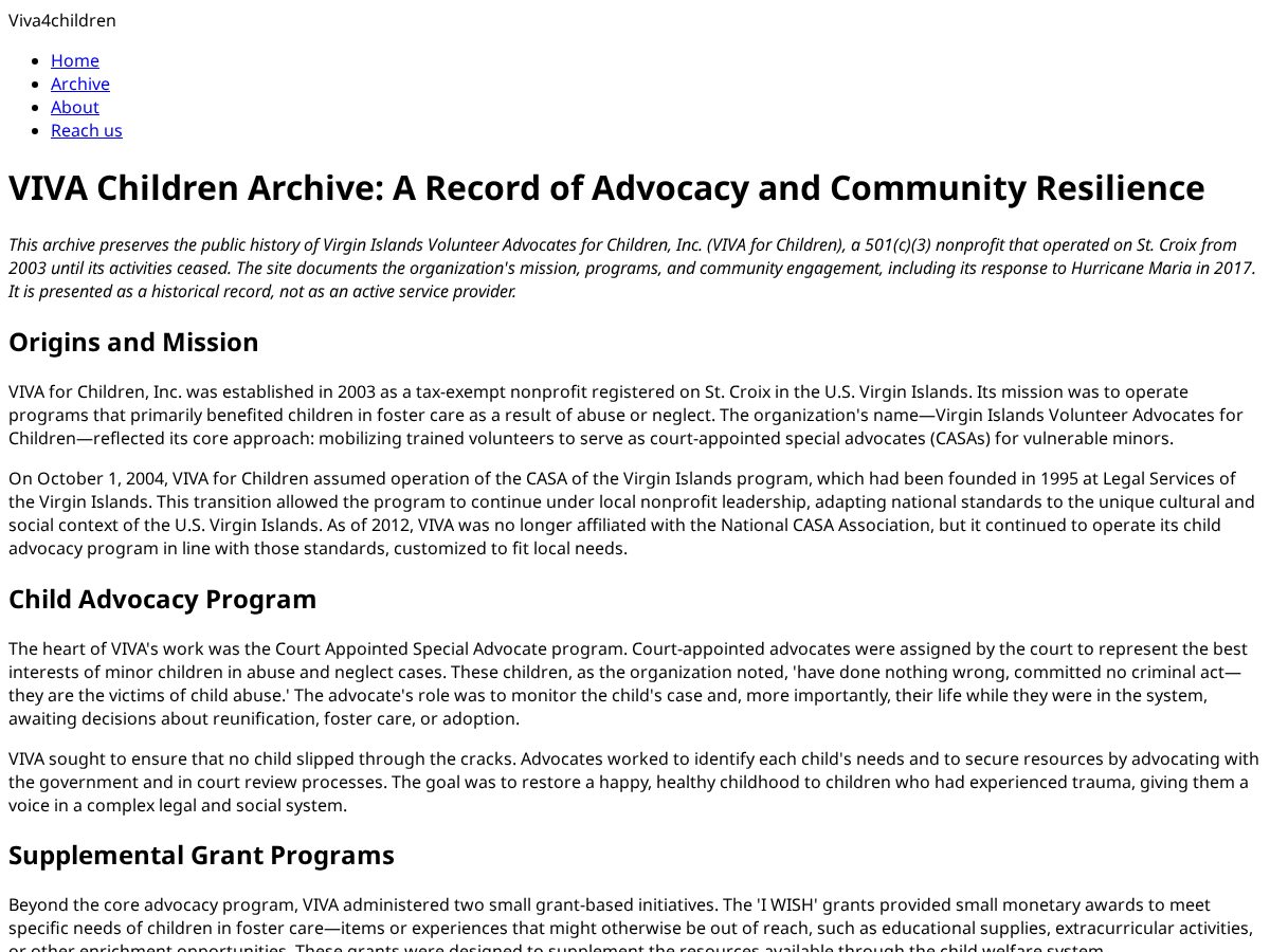 Landing-page snapshot of viva4children.org