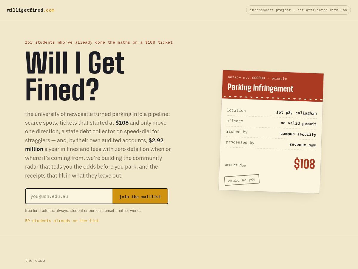 Landing-page snapshot of willigetfined.com
