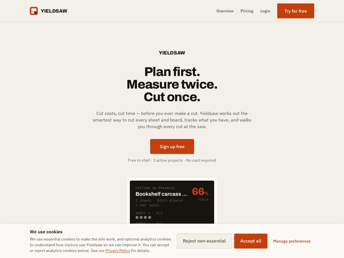 Landing-page snapshot of yieldsaw.com