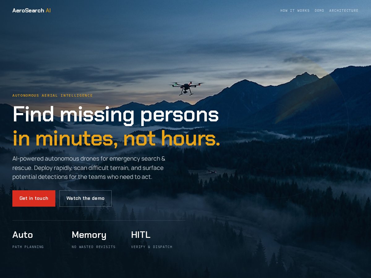 Landing-page snapshot of aerosearch-ai.com