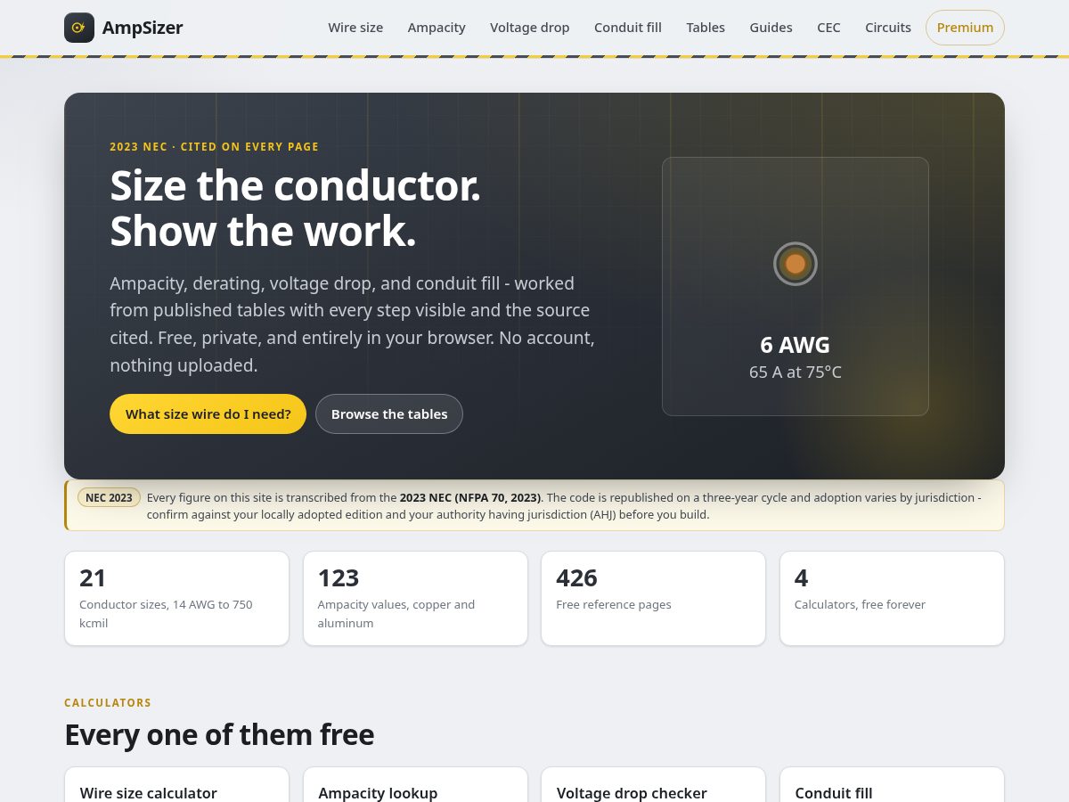 Landing-page snapshot of ampsizer.app
