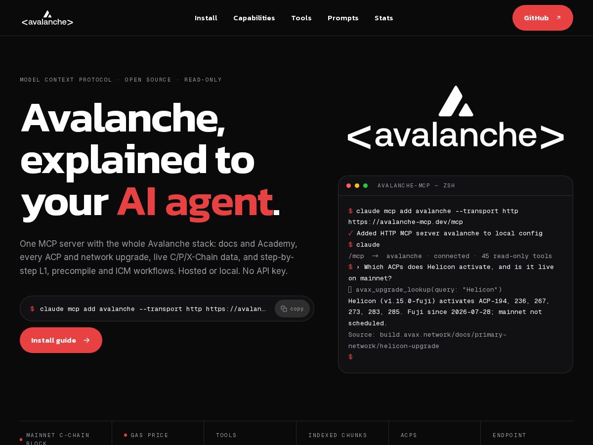 Landing-page snapshot of avalanche-mcp.dev