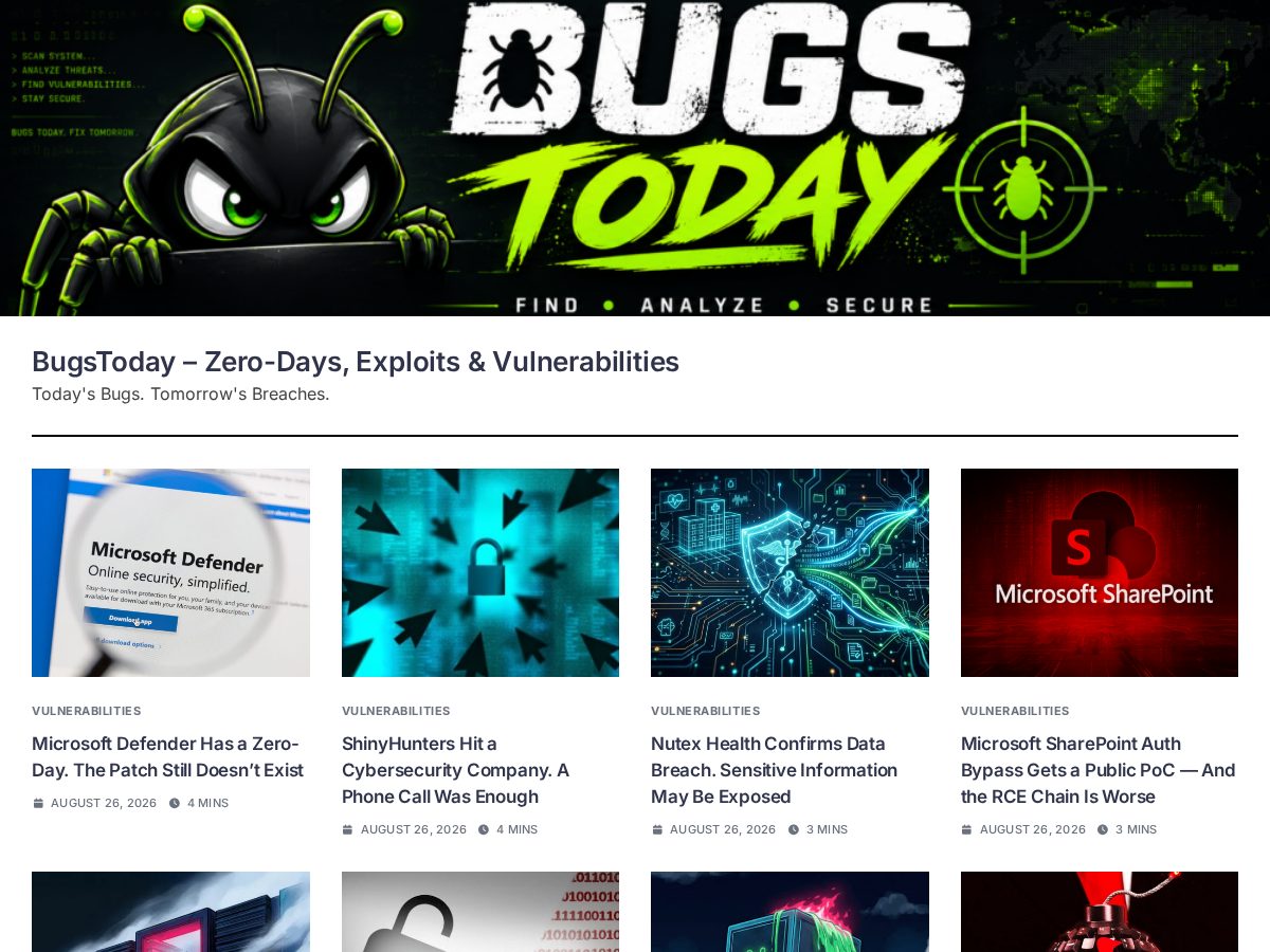 Landing-page snapshot of bugstoday.com
