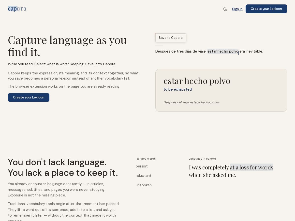 Landing-page snapshot of capora.app