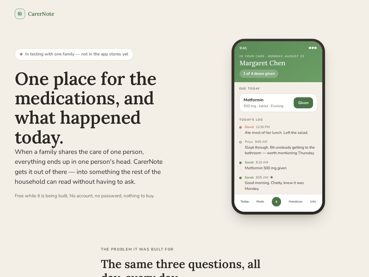 Landing-page snapshot of carernote.com