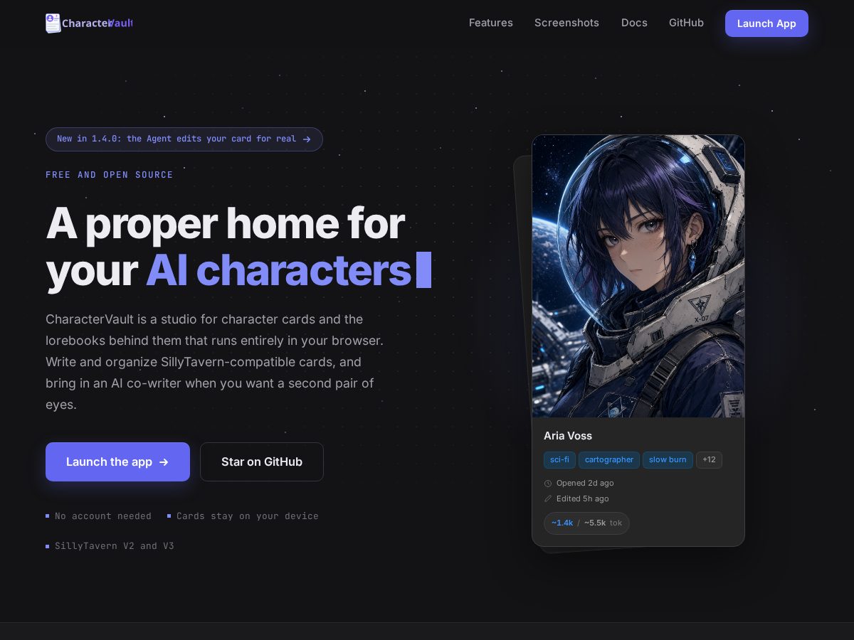Landing-page snapshot of charactervault.app