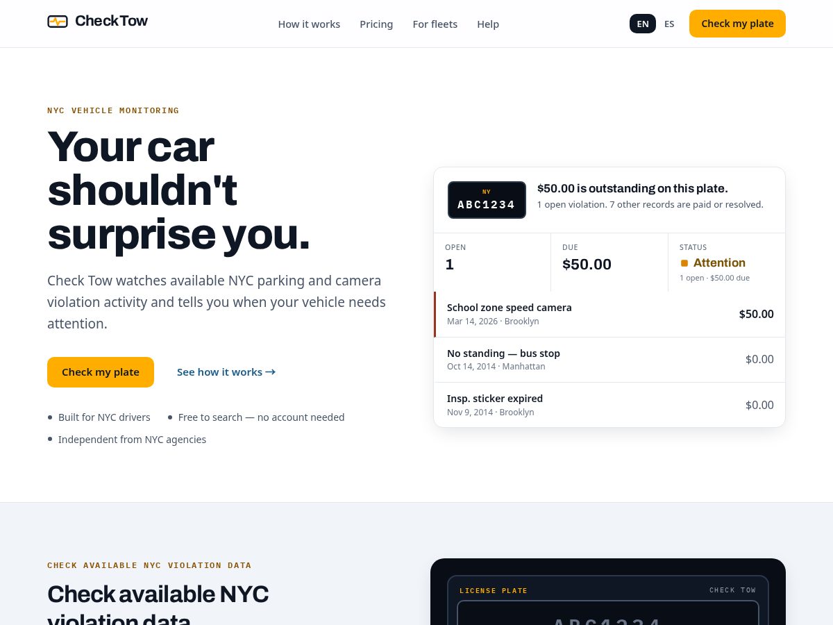 Landing-page snapshot of checktow.nyc