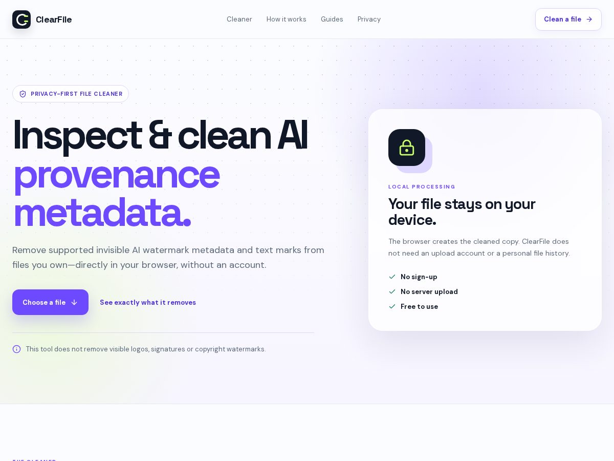 Landing-page snapshot of clearfileai.online