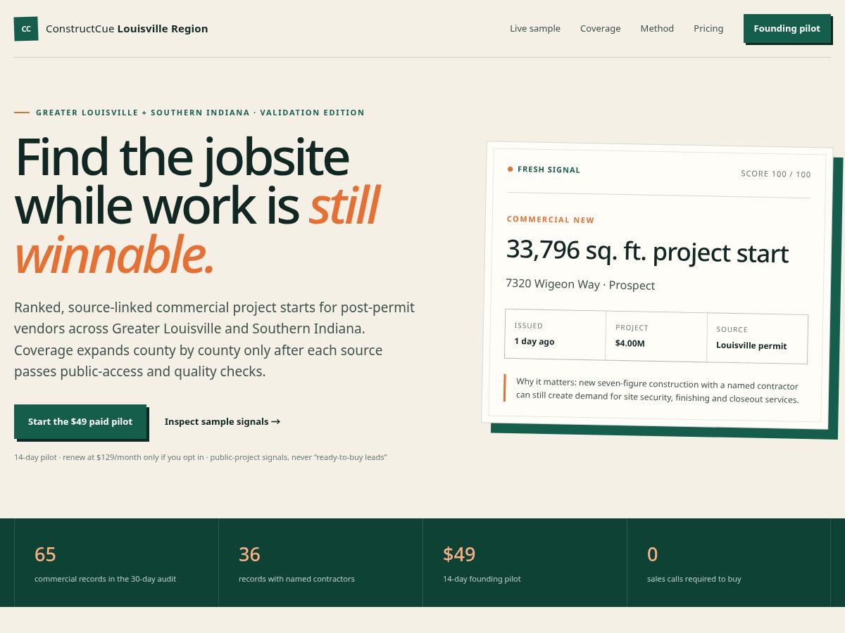 Landing-page snapshot of constructcue.com
