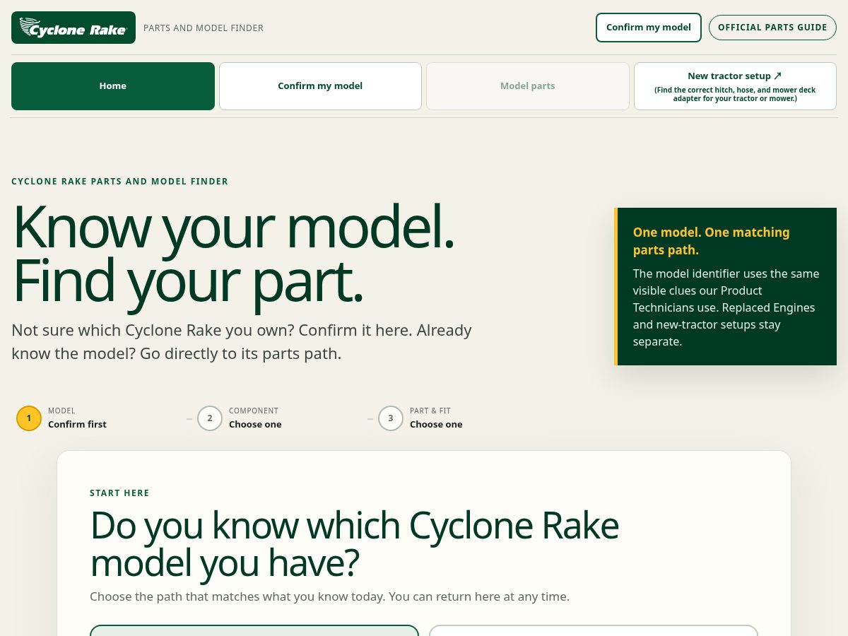 Landing-page snapshot of cyclonerakefinder.com