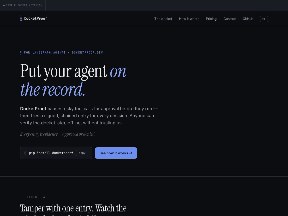 Landing-page snapshot of docketproof.dev