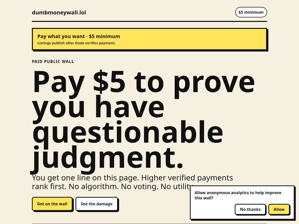 Landing-page snapshot of dumbmoneywall.lol