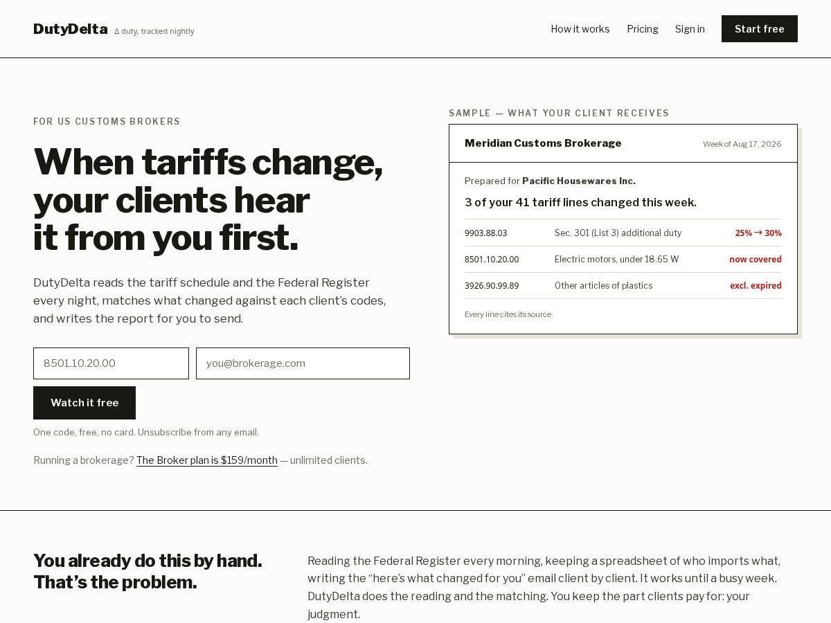 Landing-page snapshot of dutydelta.com