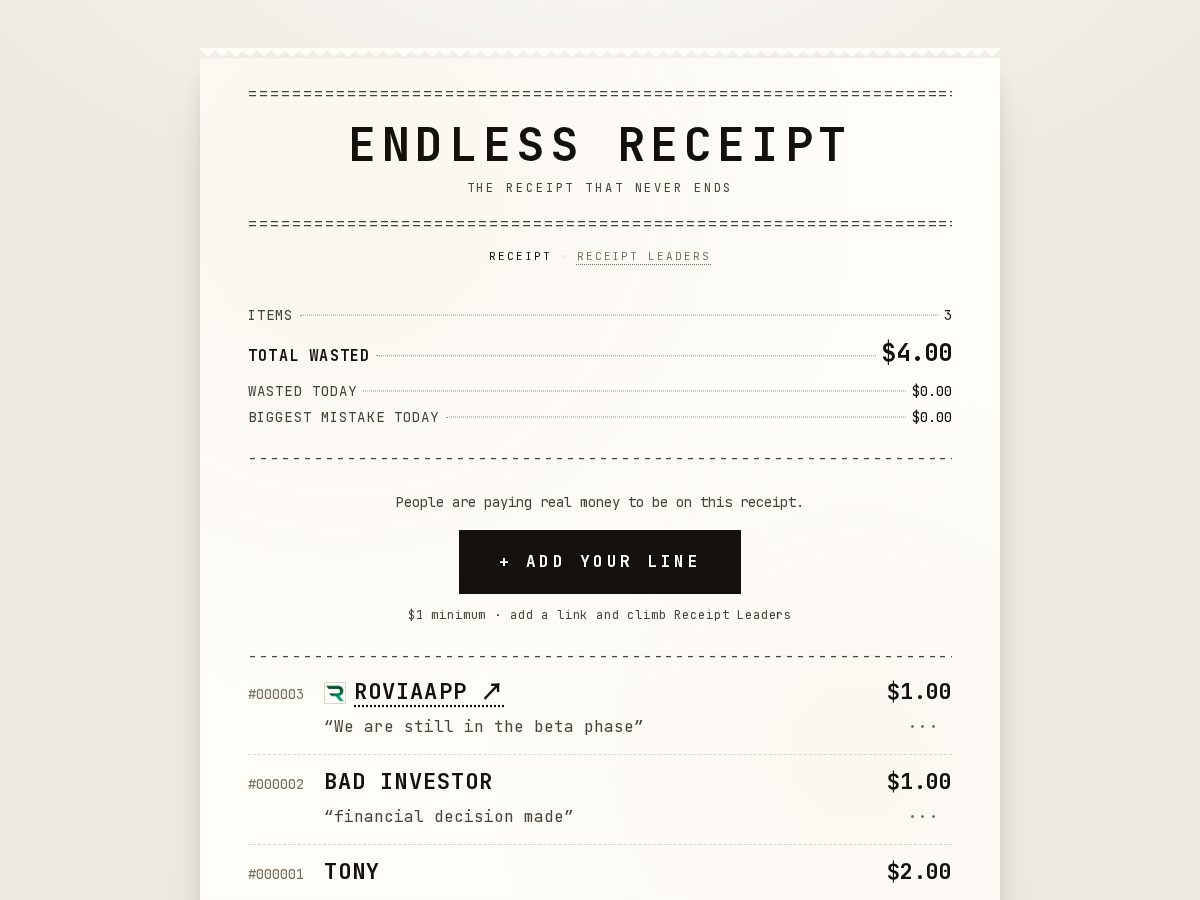 Landing-page snapshot of endlessreceipt.com