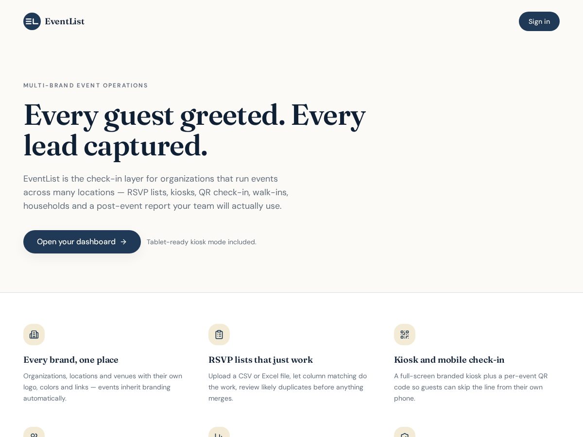 Landing-page snapshot of eventlist.live