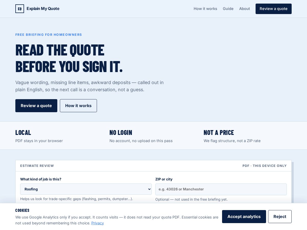 Landing-page snapshot of explainmyquote.com