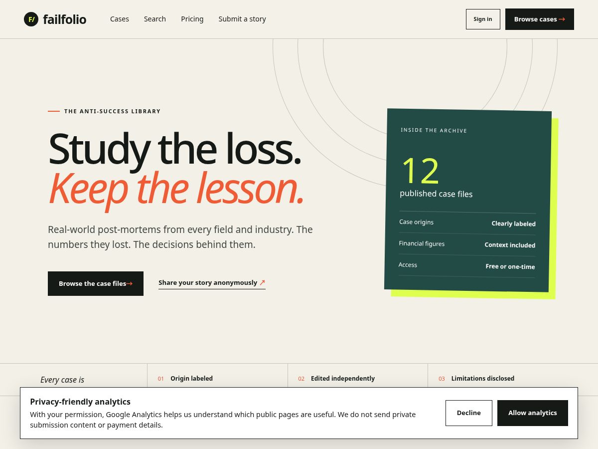 Landing-page snapshot of failfolio.com