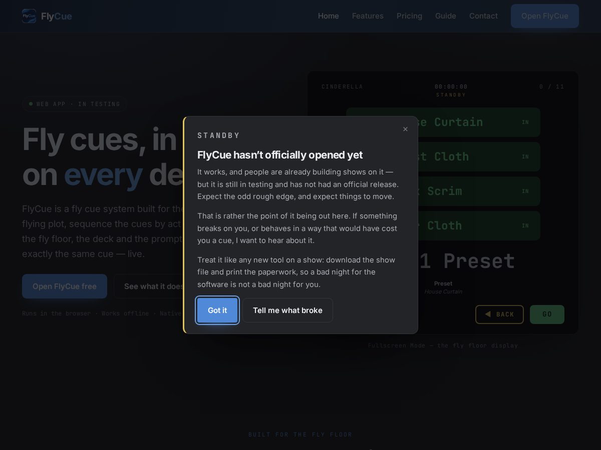 Landing-page snapshot of fly-cue.com