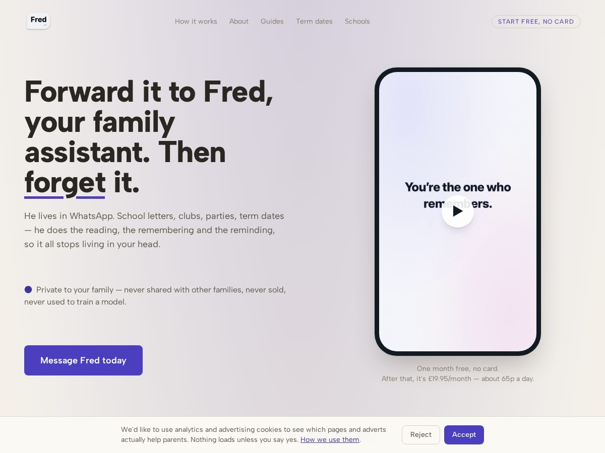 Landing-page snapshot of fredyourfamilyassistant.com