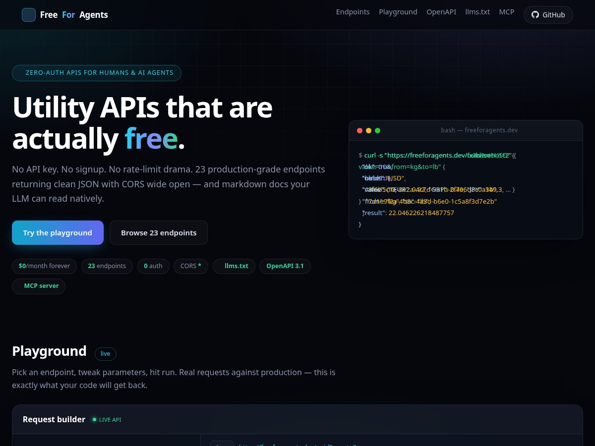 Landing-page snapshot of freeforagents.dev