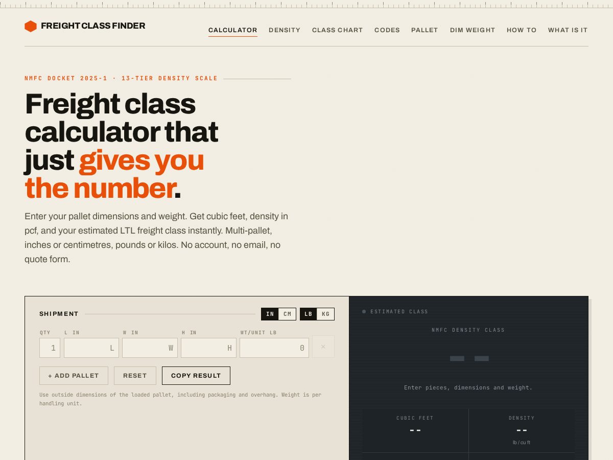 Landing-page snapshot of freightclassfinder.com