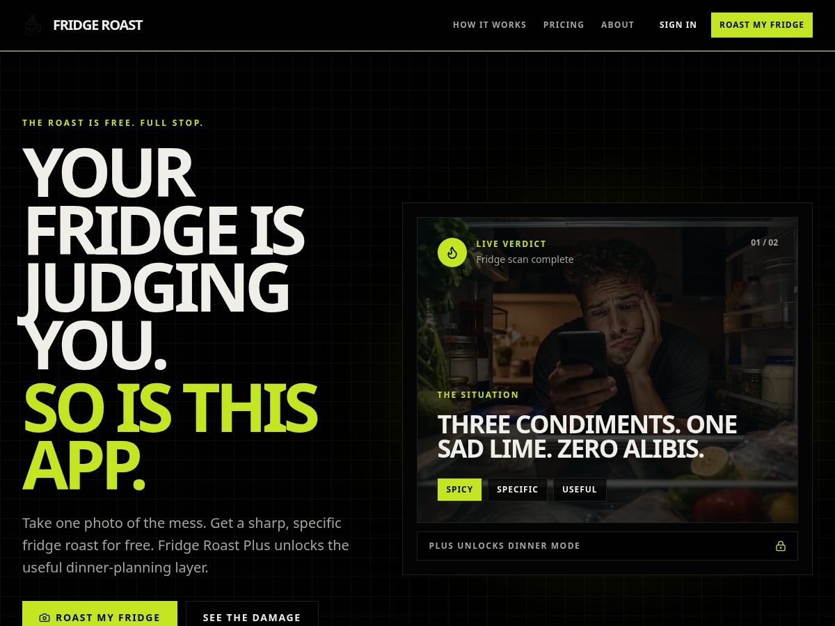Landing-page snapshot of fridgeroast.app