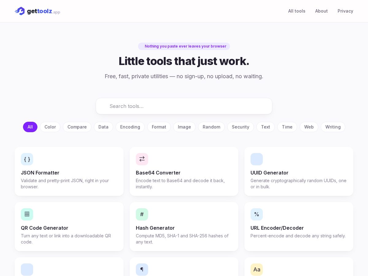 Landing-page snapshot of gettoolz.app
