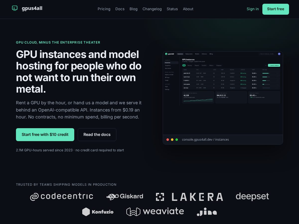 Landing-page snapshot of gpus4all.dev