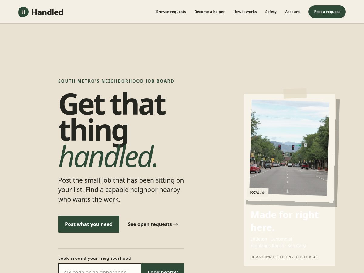 Landing-page snapshot of handlednearby.com
