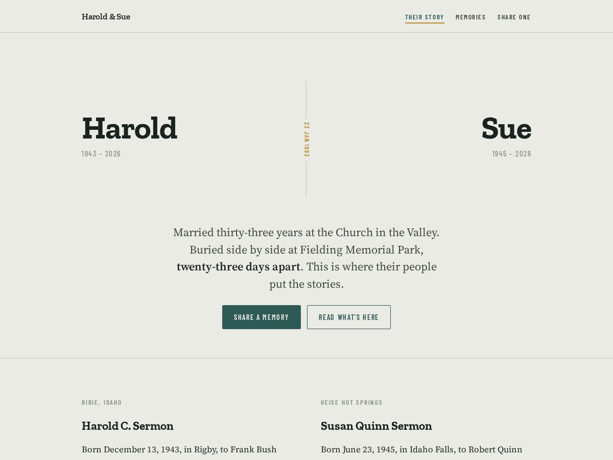 Landing-page snapshot of haroldandsue.com