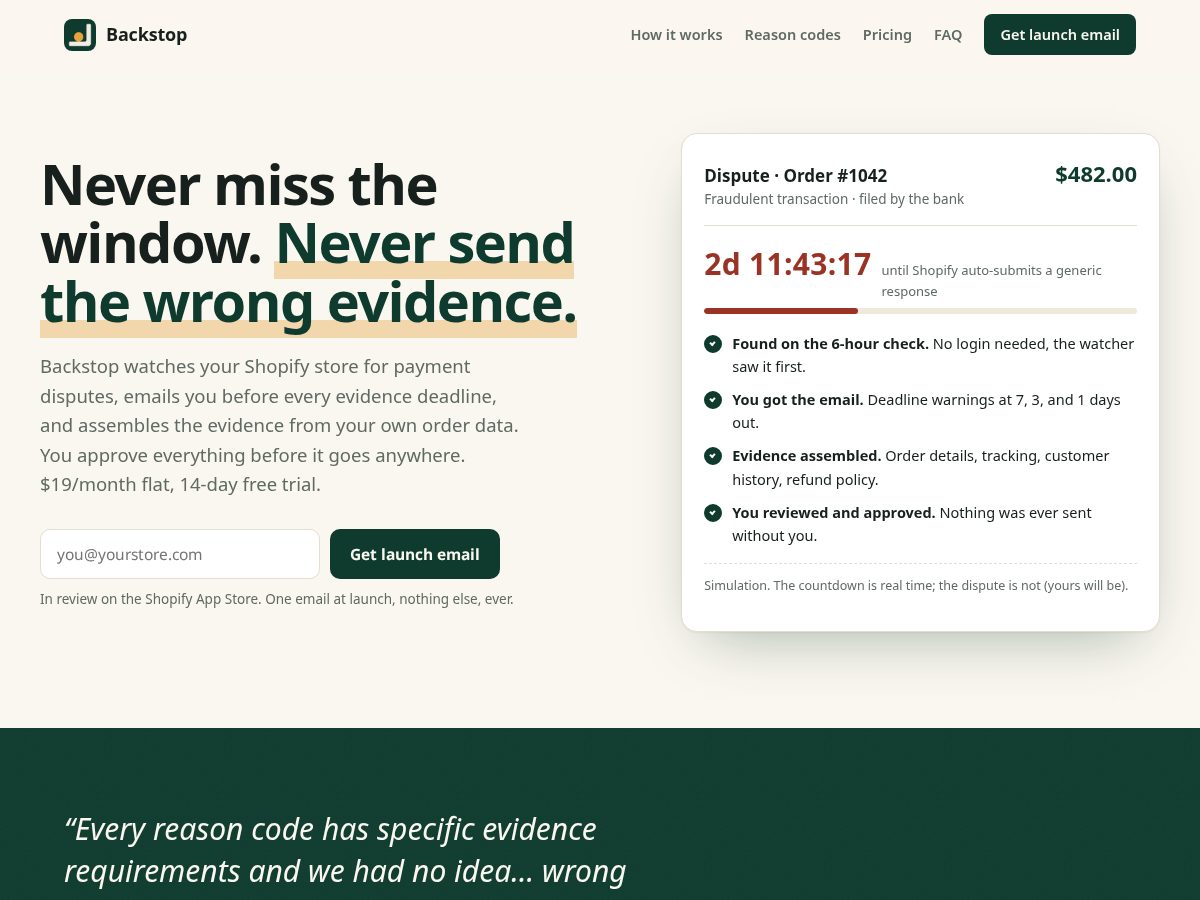 Landing-page snapshot of heybackstop.com