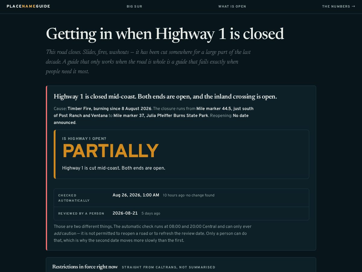 Landing-page snapshot of highway1closed.com