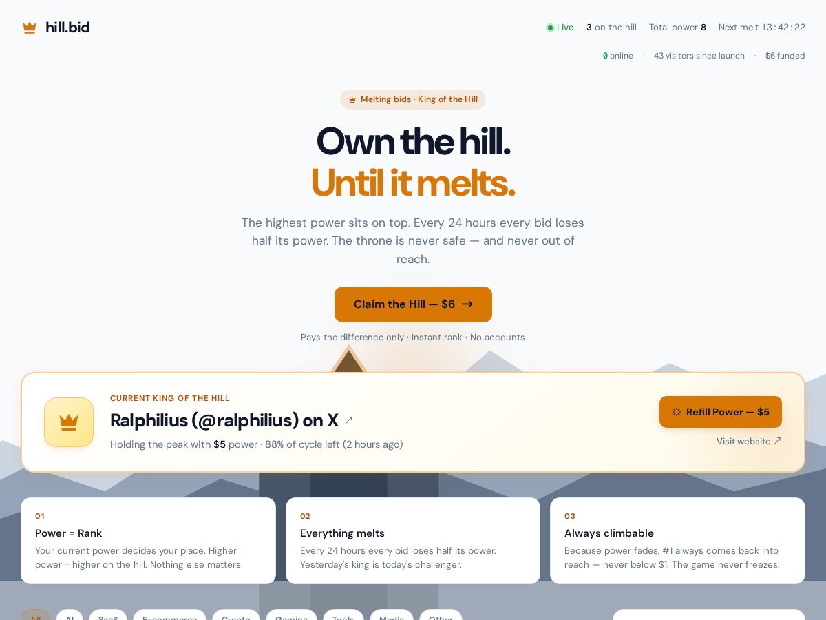 Landing-page snapshot of hill.bid