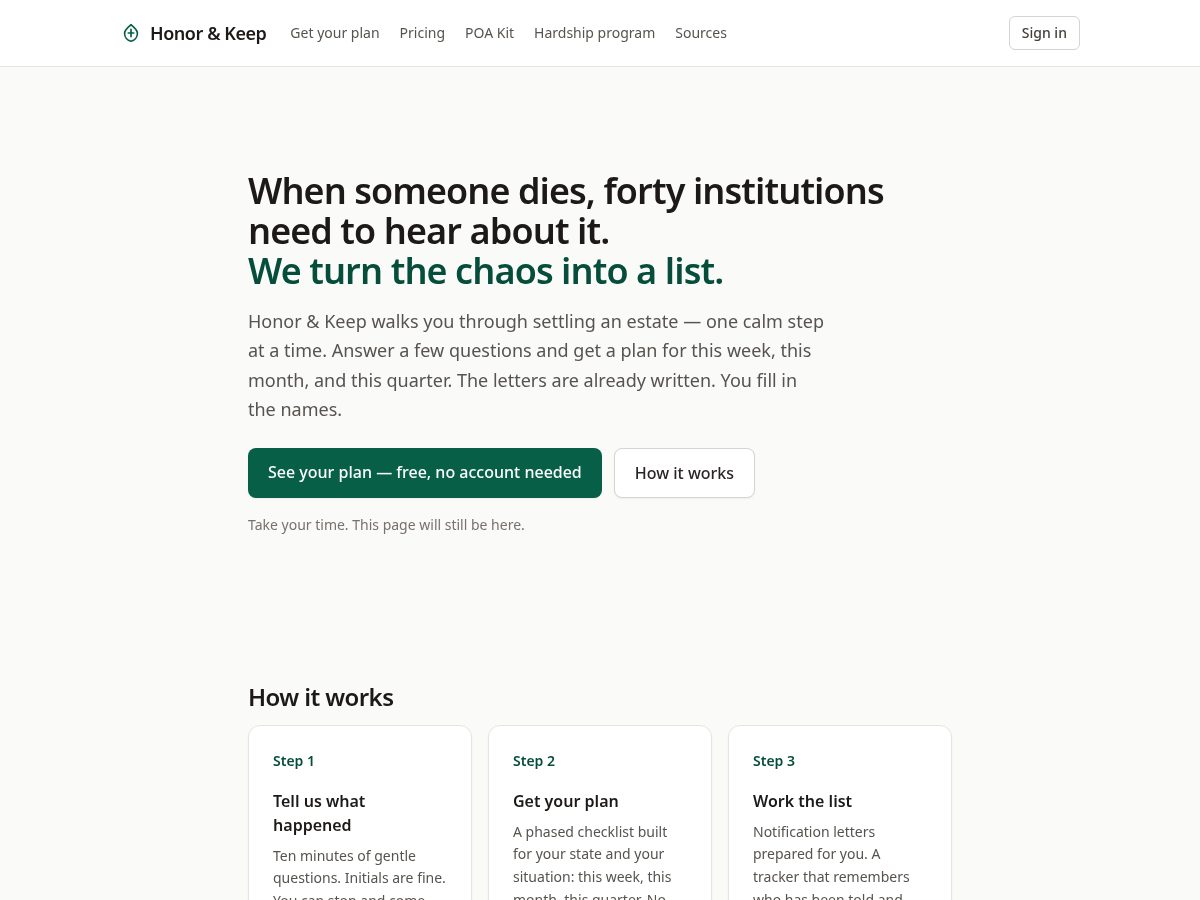 Landing-page snapshot of honorandkeep.com