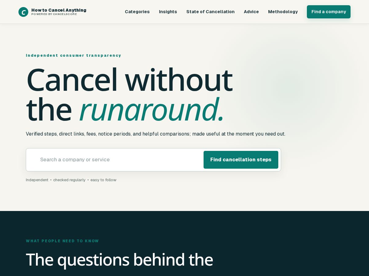Landing-page snapshot of howtocancelanything.com
