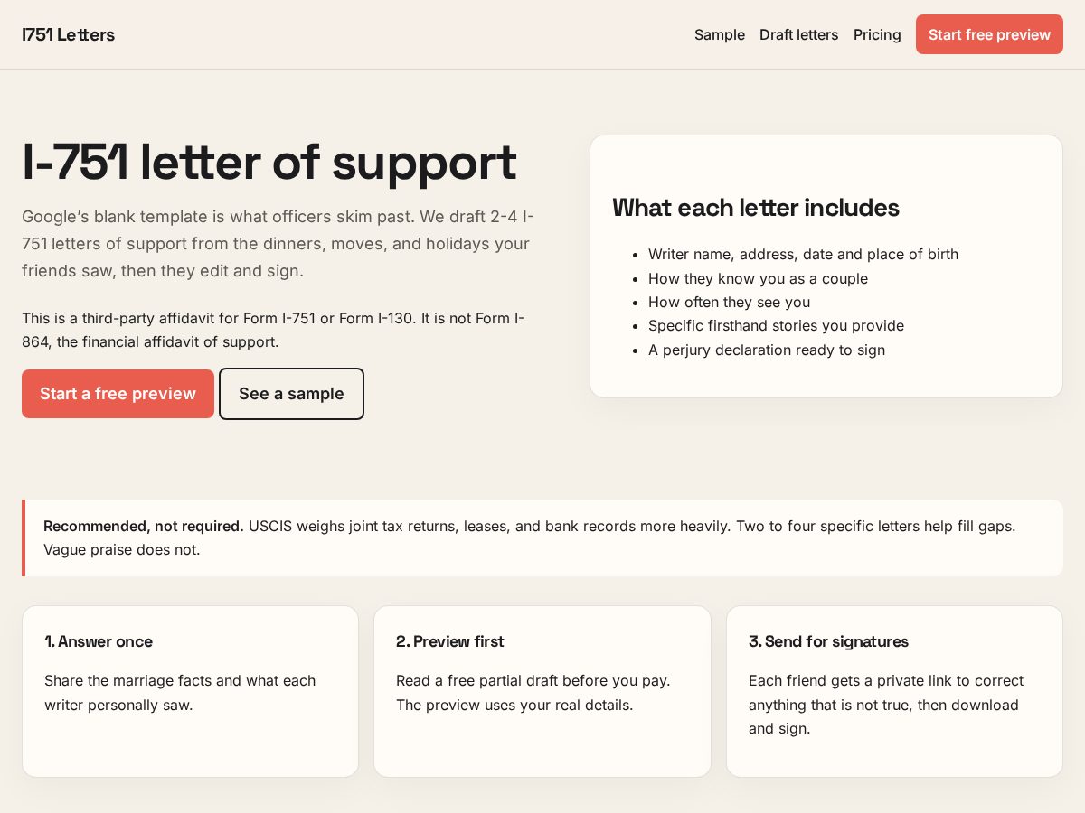 Landing-page snapshot of i751letters.com